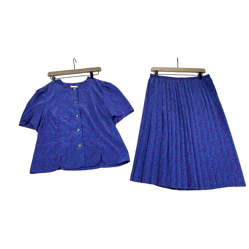 Leslie Fay Petite Vintage 2 Piece Skirt Set Blue Purple Floral Pleated Size 16P